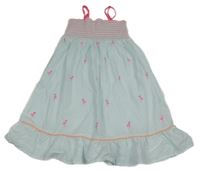 Bielo-tyrkysové plátenné žabičkové šaty s plameňáky