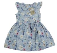 Nové - Světlemodré plátěné šaty s kytičkami a páskem George