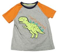 Sivo-oranžovo-tmavomodré melírované tričko s 3D dinosaurom George