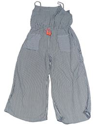 Tmavomodro-bílý pruhovaný kalhotový culottes overal PRIMARK
