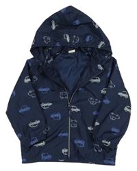 Tmavomodrá šušťáková jarná bunda s autami a odopínacíá kapucňou H&M