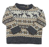 Smetanovo-sivo-hnedo-čierny vzorovaný sveter s jeleňmi Next
