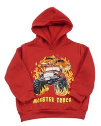 Červená tepláková mikina s monster truckem a autami a kapucňou SHEIN