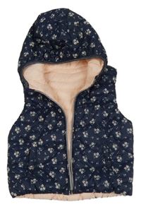 Tmavomodrá prešívaná šušťáková zateplená obojstranná vesta s kvietkami C&A