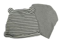 2x - Čepice - Bílo/šedo-černá pruhovaná melírovaná s oušky George, šedá melírovaná