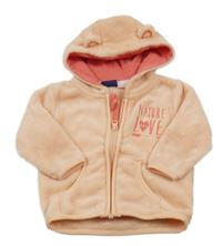 Marhuľová plyšová bunda s nápisy a šípom a kapucňou s uškami lupilu