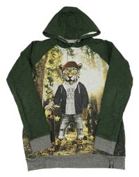 Bílo-černo-khaki melírovaná mikina s tygrem a kapucí C&A