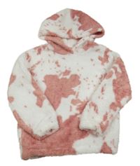 Bielo-staroružová batikovaná chlpatá mikina s kapucňou