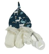 3set - Tmavozelená bavlnená čapica so srnkami + krémové ponožky s čipkovou + textilní cápačky s tučňáky