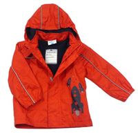 Červená šusťáková podzimní bunda s raketami a kapucí Topomini