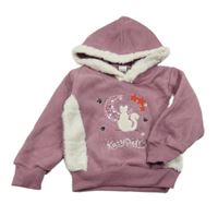 Starorůžová žebrovaná mikina s bílým chlupatým lemem a kočkou a kapucí 