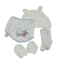 4 set - bílý slinták s pejskem + úpletová čepice + ponožky + rukavice