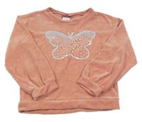 Broskvová zamatová mikina s motýlkem z flitrů