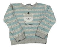 Sivo-modrý pruhovaný ľahký sveter s medvěďom