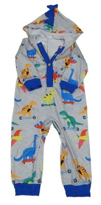Šedo-modrá lehká tepláková kombinéza s dinosaury a kapucí 