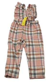 Nové - ružovo-sivé kockované nohavice s trakami Shein