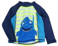 Tmavomodro-bílo-neonově žluté pruhované UV triko se žralokem Primark