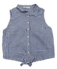Modro-bílý kostkovaný halenkový top s uzlíkem H&M