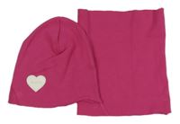 2set - Růžová žebrovaná čepice se srdcem + nákrčník 