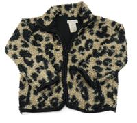 Béžovo-čierna huňatá podšitá bunda s leopardím vzorom
