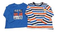 Nové - 2x triko - modré s fotbalistou + bílo-modro-červen pruhovaní Lupilu