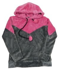 Ružovo-sivá plyšová mikina s kapucňou s bambulemi