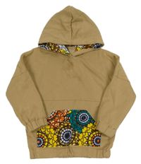 Béžovo-farebná mikina so vzorovanou vreckom a kapucňou