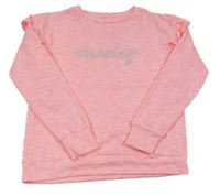 Neonově růžový melírovaný svetr s nápisem a volánky St. Bernard