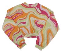 Svělezeleno-béžovo-ružovo-oranžová vzorovaná crop mikina H&M