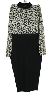 Dámské smetanovo-černé vzorované pouzdrové šaty s tylovým živůtkem