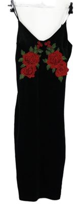 Dámské černé sametové šaty s červenými květy Glamour 