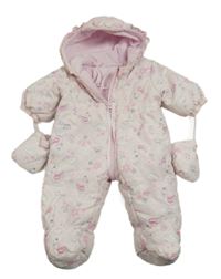 Světlerůžová šusťáková zimní kombinéza s obrázky a kapucí+ rukavice Ergee