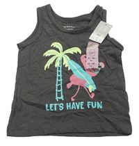 Tmavošedé tílko s palmou a plameňákem Primark