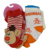 Nové - 2set - Červeno-bílé ponožky se soby + bílo-oranžové s tučňáky 