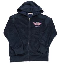 Tmavomodrá plyšová propínací mikina s křídly a kapucí 