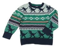 Zeleno-bílo-tmavomodrý vzorovaný svetr s dinosaury C&A
