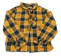 Okrovo-tmavomodro-bílá kostkovaná halenka s volánky Orchestra