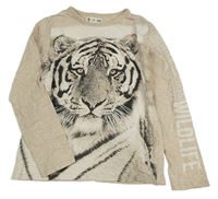 Světlebéžovo/šedé melírované triko s tygrem a nápisem H&M