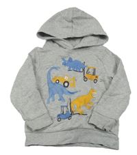 Sivá melírovaná mikina s dinosaurami a stavebními stroji a kapucňou C&A
