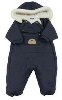 Tmavomodrá prešívaná šušťáková zimná kombinéza s medvedíkom a vreckom a kapucňou zn. OBaïBi