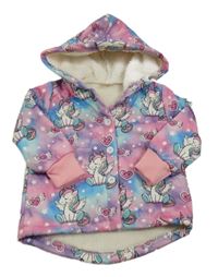 Růžovo-modro-fialová zateplená bunda s jednorožci a kapucí 