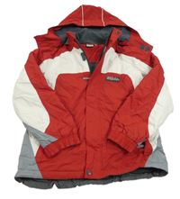 Červeno-sivo-biela šušťáková zimná lyžiarska bunda s nášivkou a odopínacíá kapucňou alive