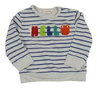 Svetlošedá -tmavomodrá pruhovaná melírovaná mikina s nápisom a dinosaurom Liegelind