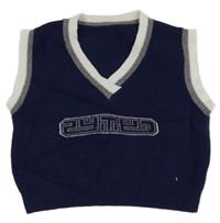 Tmavomodro-sivo-biela svetrová crop vesta s nápisom