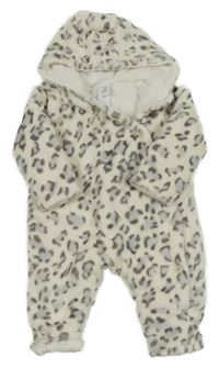 Bílo-šedo-tmavošedá vzorovaná plyšová zateplená kombinéza s kapucí C&A