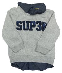 Sivá melírovaná mikina s nápisom a všitou tmavomodrou košilí C&A