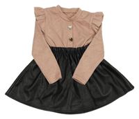 Starorůžovo-černé úpletovo/koženkové šaty s volánky