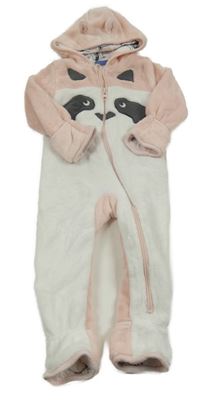 Bielo-svetloružová plyšová podšitá kombinéza s mývalem a kapucňou s uškami lupilu