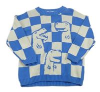 Modro-smotanový kockovaný sveter s dinosaurami H&M