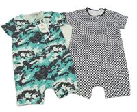 Nové - 2x - Kraťasový overal - Army, černo/bílý kostkovaný se smajlíky Next